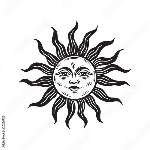 Sun with a face. Bohemian illustration. Mystical element for design in boho style, logo, tattoo