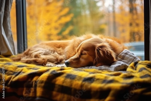 Dreaming dog sleeps on cozy warm windowsill in autumn weather, hygge concept