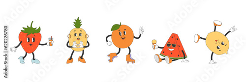 Set of cute fruit characters in y2k groovy style. Strawberry, pineapple, orange, lemon, watermelon cartoon characters in trendy retro style.