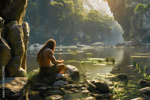 Neanderthal life - Depiction of a Neanderthal hominid using primitive fishing technique in a river