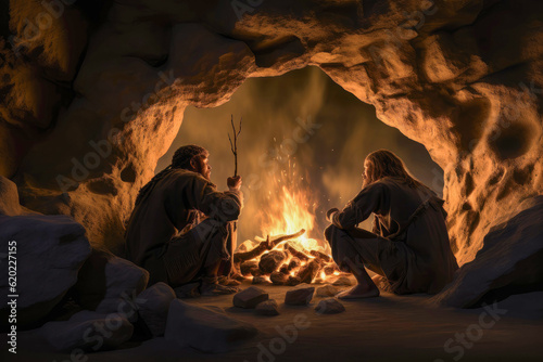 Neanderthal Life. Neanderthals gather around the fire in a cave, revealing their communal bonds and mastery of early fire control