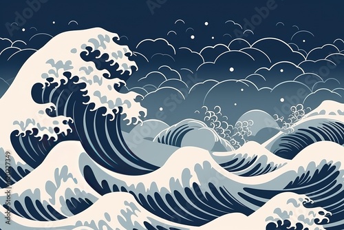 Fotobehang Japanese wave illustration of the ocean. Ai generative.