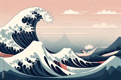 Fotografiet Japanese wave illustration of the ocean. Ai generative.