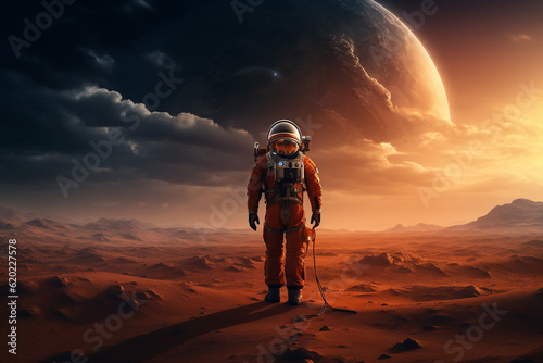 Generative ai astronaut wearing space suit walking on a surface of a red planet