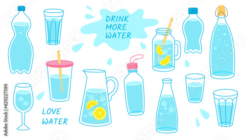 Cute water doodle. Bottle, glass, and decanter of water, water drop, ice cubes, slice of lemon and splash, hand drawn trendy vector illustration icon set. 