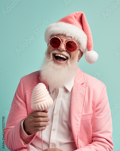 Generative ai old senior man wearing santa claus costume and sunglasses looking positive