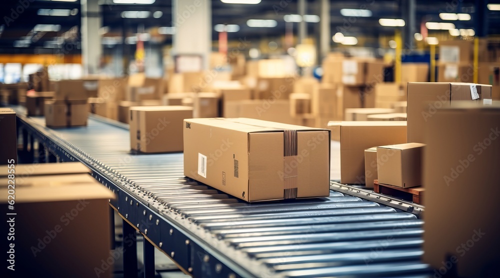 Packages delivery, packaging service and parcels, cardboard boxes on conveyor belt in warehouse, Packages delivery, packaging service and parcels, cardboard boxes on conveyor belt in warehouse,