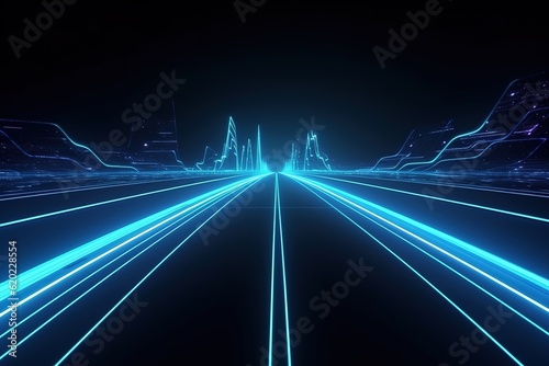 Futuristic style highway road with blue neon light. Ai generative.