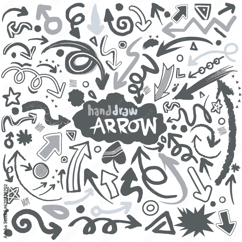 Gather hand-drawn arrows. Simple arrows placed alone on a white background. marks with an arrow. Bow paint
