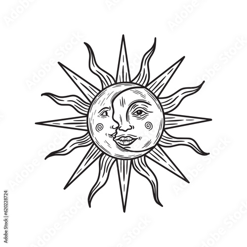 sun and crescent moon with face. hand drawing style, engraving. Bohemian vector illustration