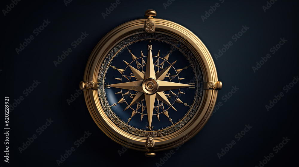 flat lay of compass on light blue background.