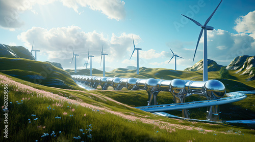 Production of clean fuel. Sustainable energy. Regenerative power technologies. Wind Turbines Windmill Energy Farm