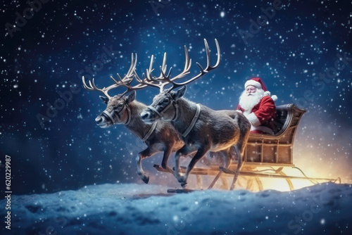 Santa Claus with reindeer on christmas card