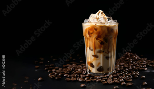 Coffee with ice and milk, on a dark background. Frape. AI generation photo