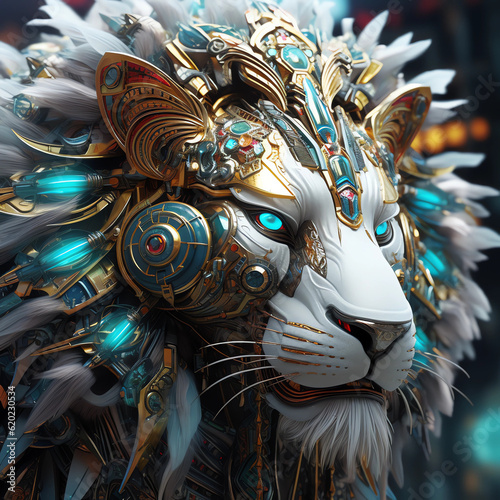 "The Luminary Leoline: Embracing the Futuristic Majesty of the White Lion"