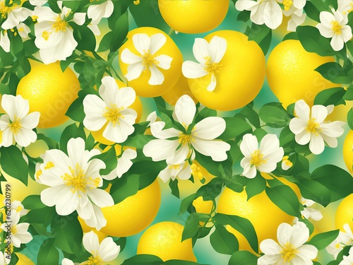 Blooming lemon with leaves and fruits on a light background.