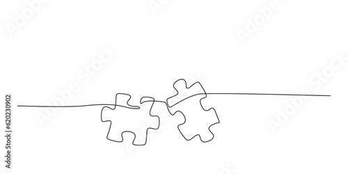 Continuous one line drawing of two puzzle jigsaw pieces. Single line drawing of puzzle pieces for ideas, business strategy, thinking process, human creativity, problem solving. Editable stroke vector