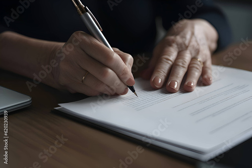 The woman signs the contract, Generative AI photo