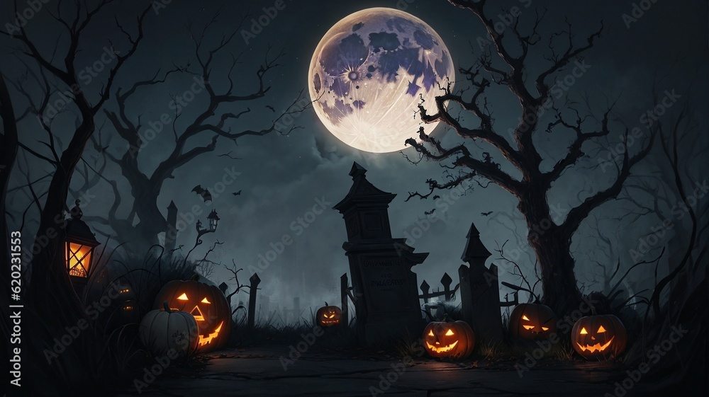 A Halloween Scene With Pumpkins And A Full Moon A Halloween Scene With Pumpkins And A Full Moon