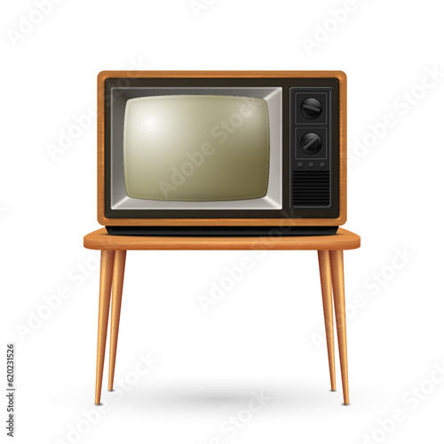 Vector 3d Realistic Retro TV Receiver Isolated on White Background. Home Interior Design Concept. Vintage TV Set, Television, Front View