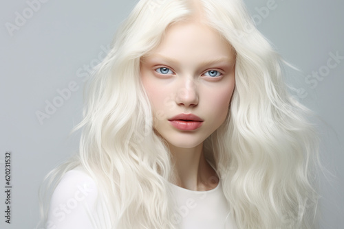 Caucasian albino girl posing in studio. Portrait of a beautiful young woman. Body positivity, diversity and fashion concept 