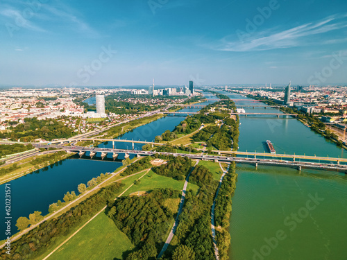 Aerial drone view of Danube river in Vienna Austria cityscape with danube island