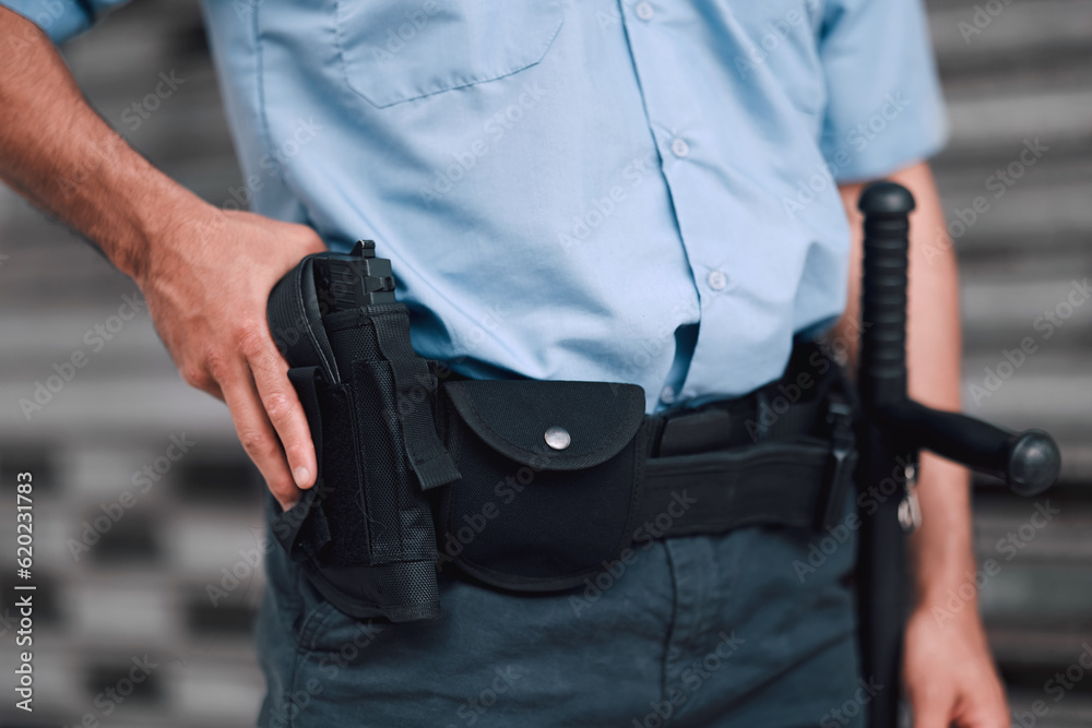 Police Department Handgun Roster Example Hand, gun and security with an officer on duty or patrol in the city ...