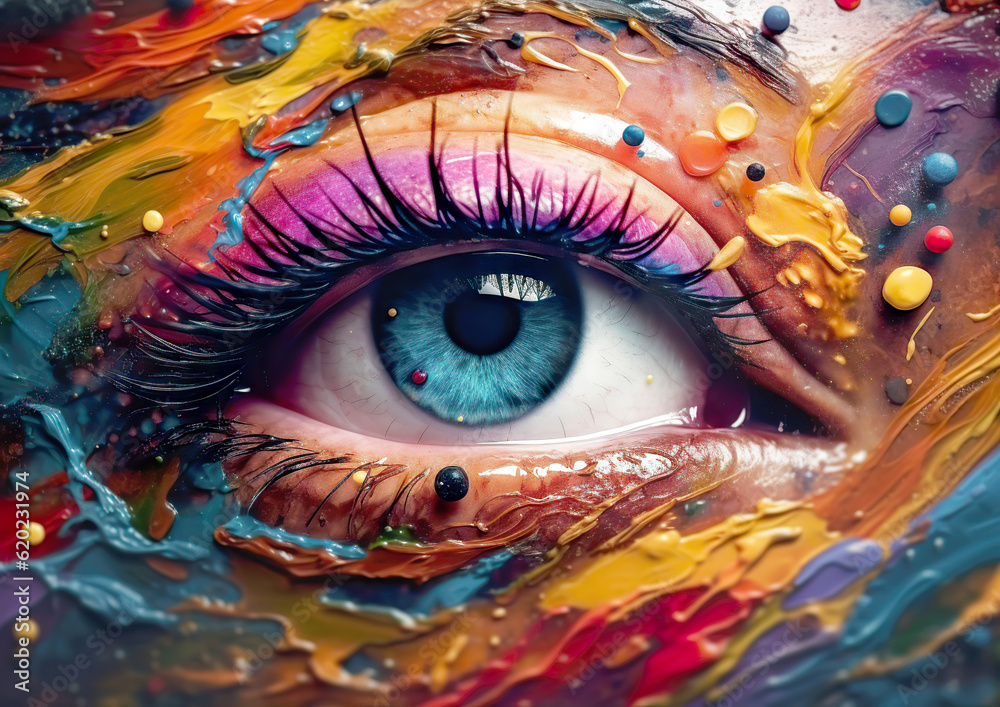 Blue female eyes face painted with multicolored paint. Concept of diversity. Generated by AI.