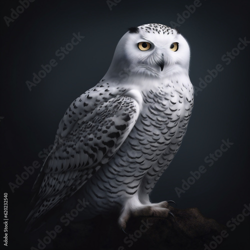 Stunning Arctic Snowy Owl (Bubo scandiacus) Illuminated by Studio Lights, Isolatted Against a Deep Black Background - A Masterpiece of Wildlife Photography. Generative AI.