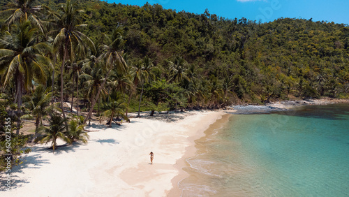 Podróżnik idący po pięknej plaży, rajska wyspa z palmami i turkusowa woda.