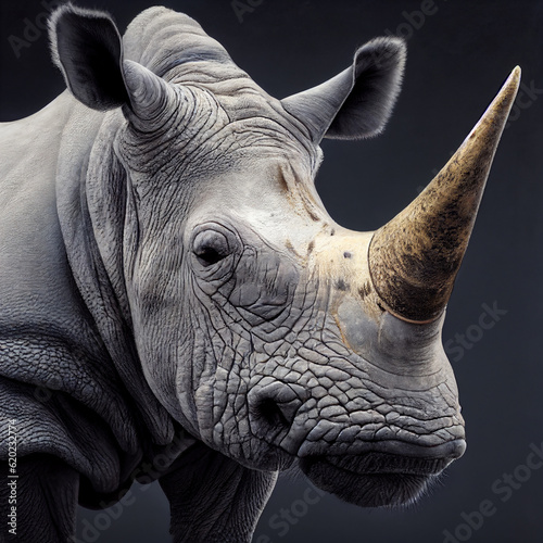 African white rhinoceros (Ceratotherium simum), a.k.a. southern white rhinoceros, wide-mouthed rhinoceros, hump-lipped rhinoceros, broad-lipped rhinoceros and black rhinoceros, on a black background.