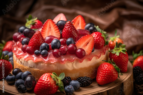 Strawberry cheesecake with fresh fruits close up. Generative AI