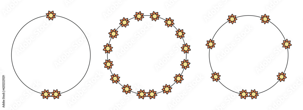 Circle frame decoration element with flowers vector set