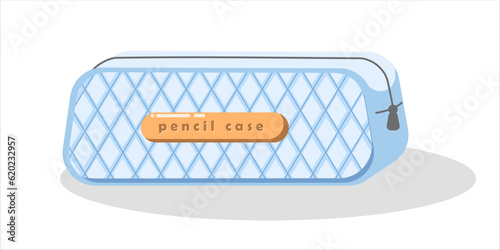 Pencil or make up  case vector illustration. School or cosmetic supplies case in blue color with gold detail. Educational vector illustration item for school start, cards, banners, flyers, invitation. photo