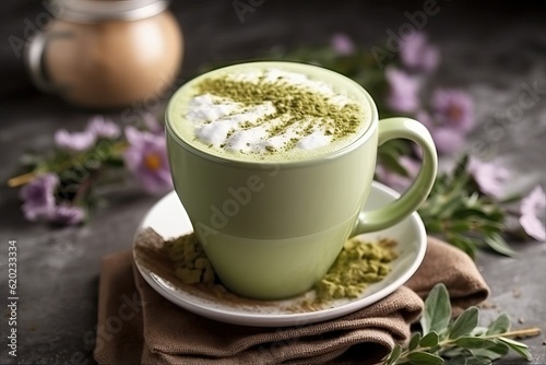 Matcha latte with foam and green tea powder (Ai generated)