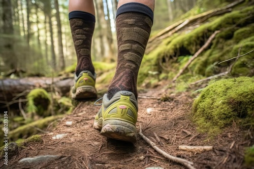 Hiking boot and sock closed-up, walking in the mountain