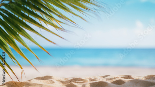 Tropical fine sandy beach with blured sea background and empty space for product advertisement. Generative AI