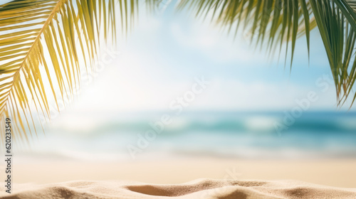 Tropical fine sandy beach with blured sea background and empty space for product advertisement. Generative AI
