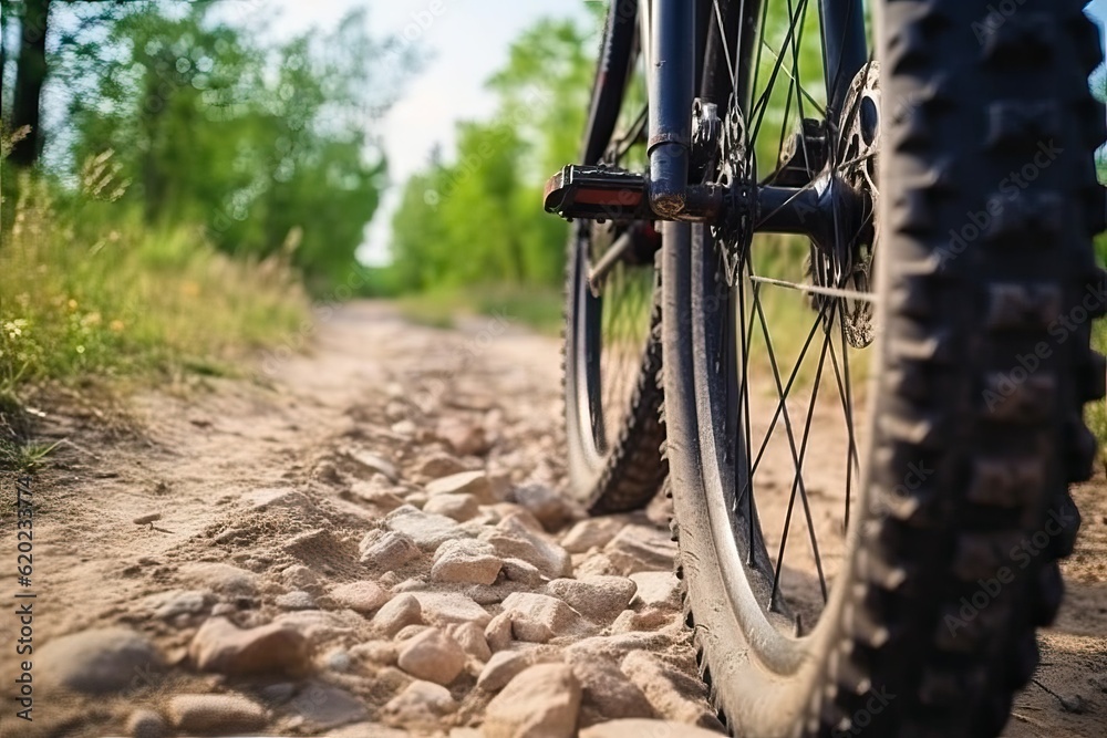 Naklejka premium Mountain bike tire low angle closeup on trail. (Ai generated)