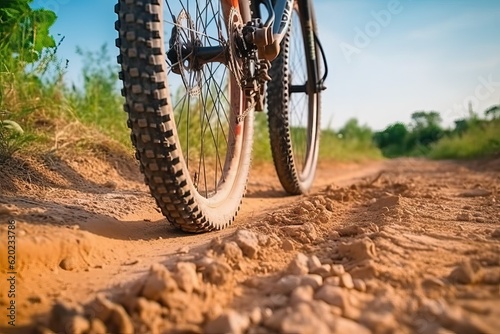 Mountain bike tire low angle closeup on trail. (Ai generated)