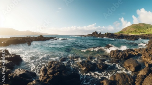 Super Wide Panorama of Hawaiian Coastline.Generative AI