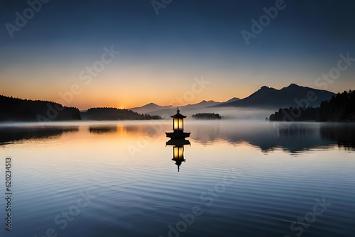 stunning lantern in the middle of calm lake