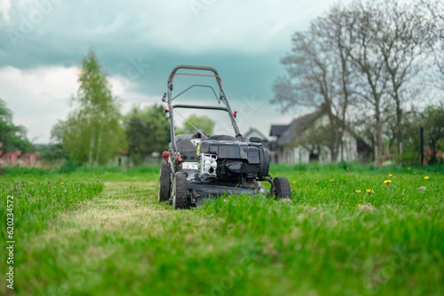 Lawn mower cutting green grass in backyard.Gardening background. High quality photo