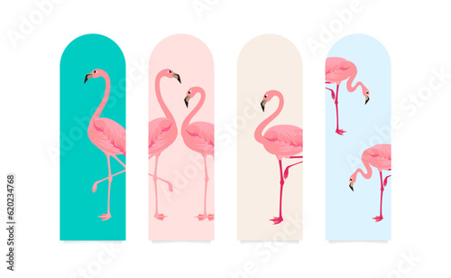 Bookmarks set with flamingoes in soft colors, universal templates kit, modern design