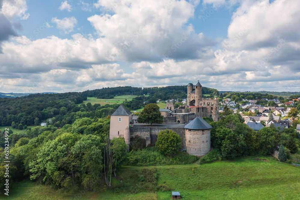 Bird's-eye view of Greifenstein Castle in the town of the same name in Hesse/Germany