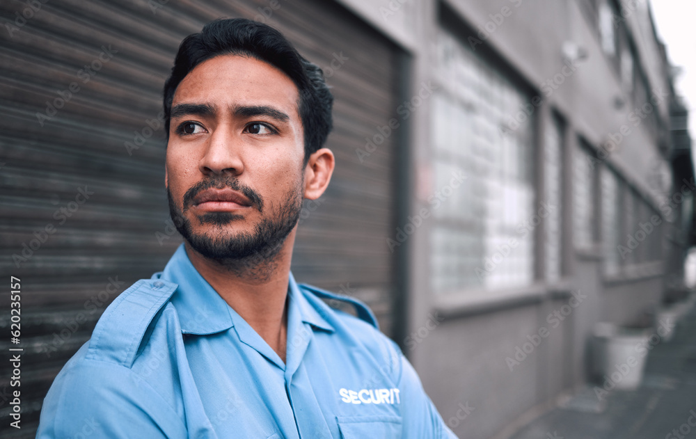 Serious, security guard or safety officer man on the street for protection, patrol or watch. Law enforcement, focus and duty with a crime prevention male worker in uniform in the city Serious, security guard or safety officer man on the street for protection, patrol or watch. Law enforcement, focus and duty with a crime prevention male worker in uniform in the city