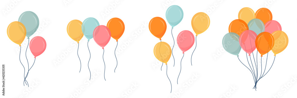 Ballons - Eléments vectoriels colorés éditables pour la fête et les célébrations diverses
 Différentes compositions festives pour une fête d'enfant, un anniversaire ou un événement particulier - obrazy, fototapety, plakaty 