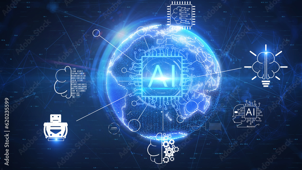 Digital blue earth AI artificial intelligence big data science information technology concept. Futuristic technology design illustration.
