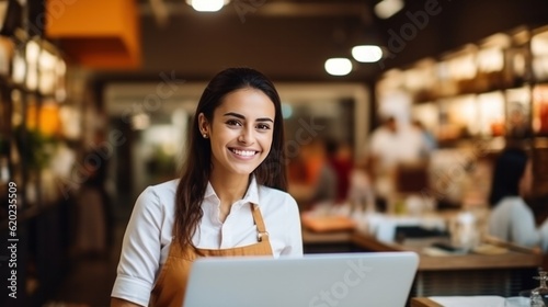 Portrait Cheerful female store owner with a laptop, side view, blurred stationery store background.