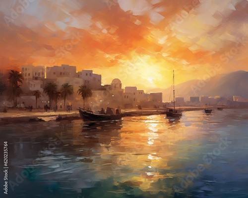 An oil painting of a sunset by the seaside, harbour